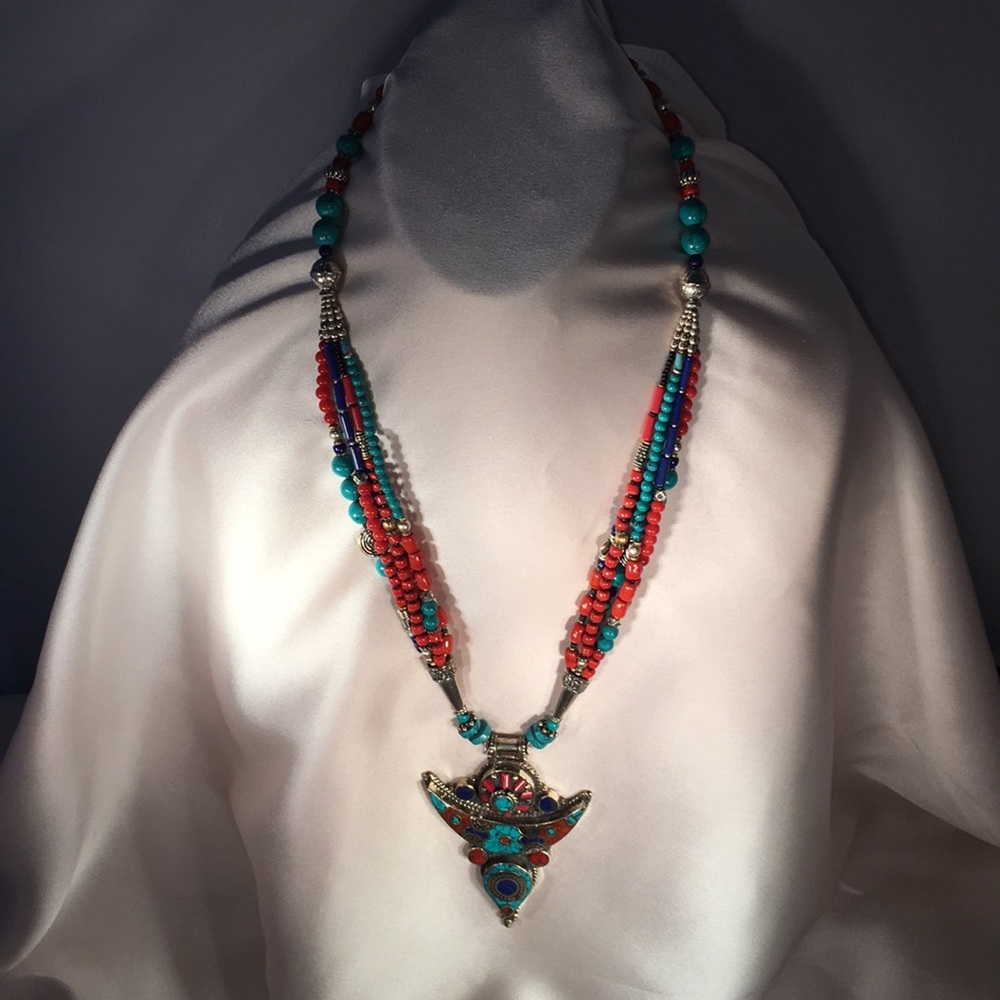 Tibetan Silver & Turquoise Tribal Necklace.